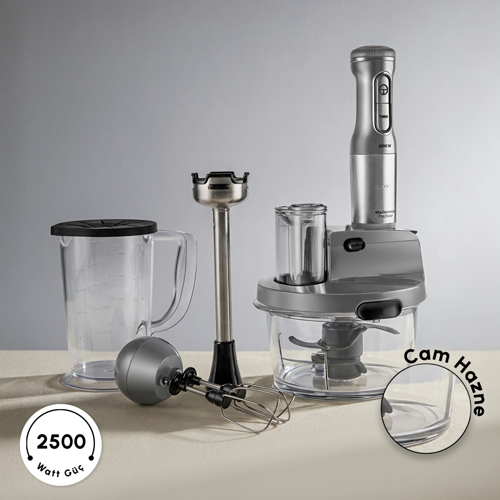 Karaca Mastermaid Prosteel Uzun Blender Ayaklı 6 Bıçaklı Cam Mutfak Robotu 2500W Galaxy Grey