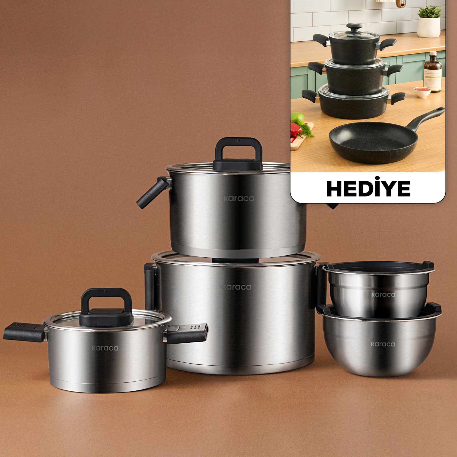 Karaca Aşiyan Katlanabilir Kulplu 10 Parça Çelik Tencere Seti