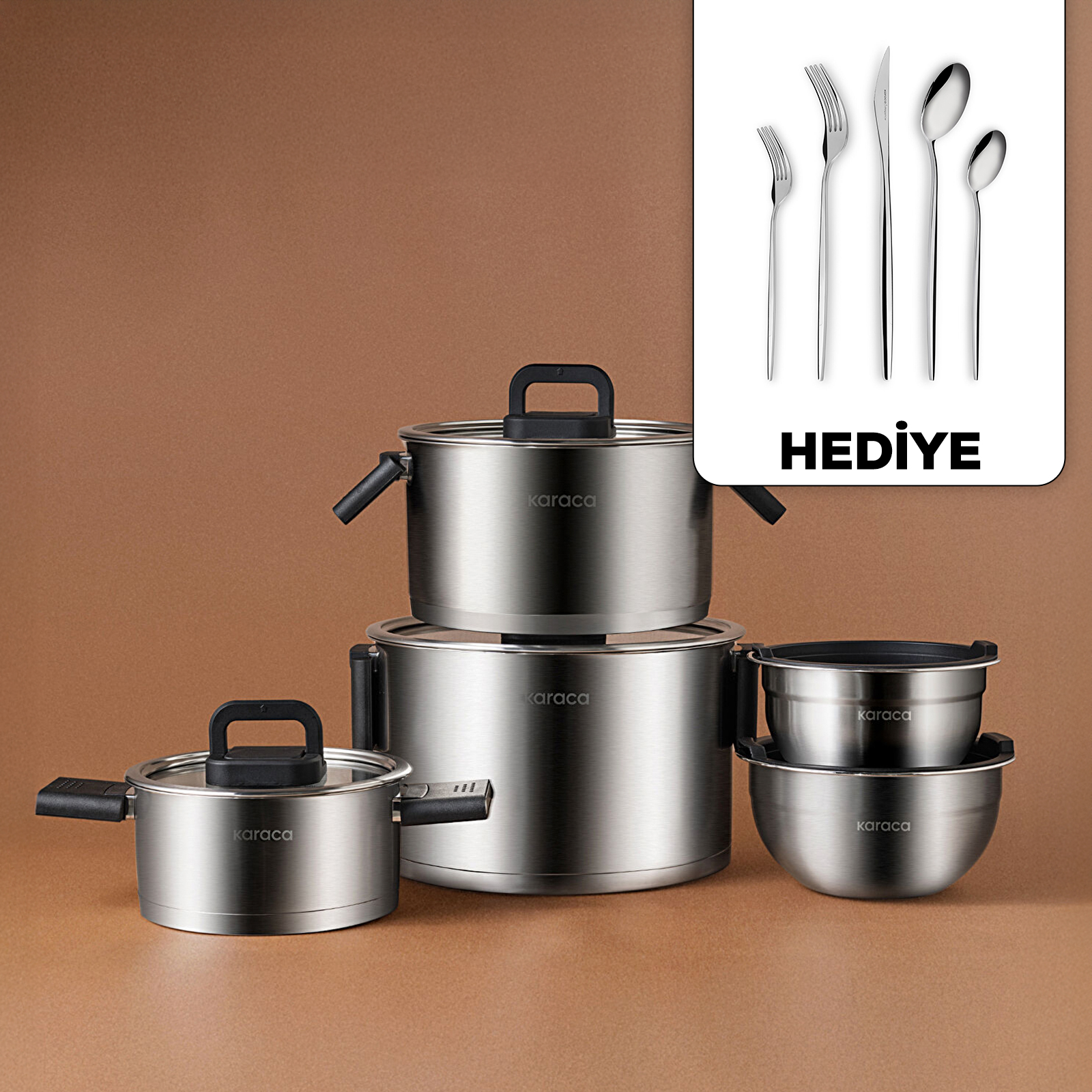 Karaca Aşiyan Katlanabilir Kulplu 10 Parça Çelik Tencere Seti