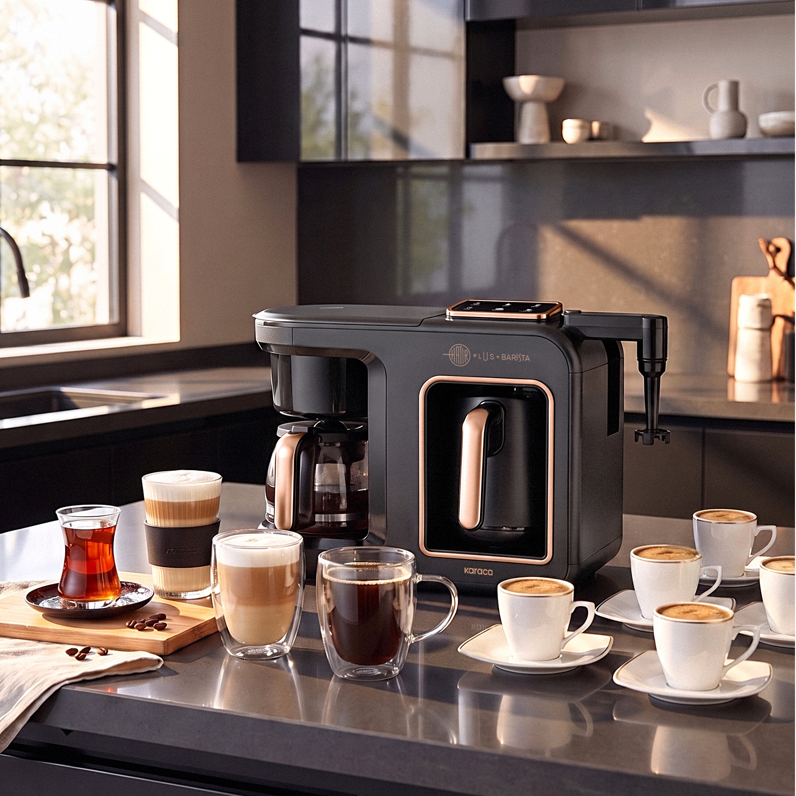 Karaca Hatır Plus Barista 6 in 1 Latte Cappuccino ve Közde Türk Kahve Makinesi Black Copper