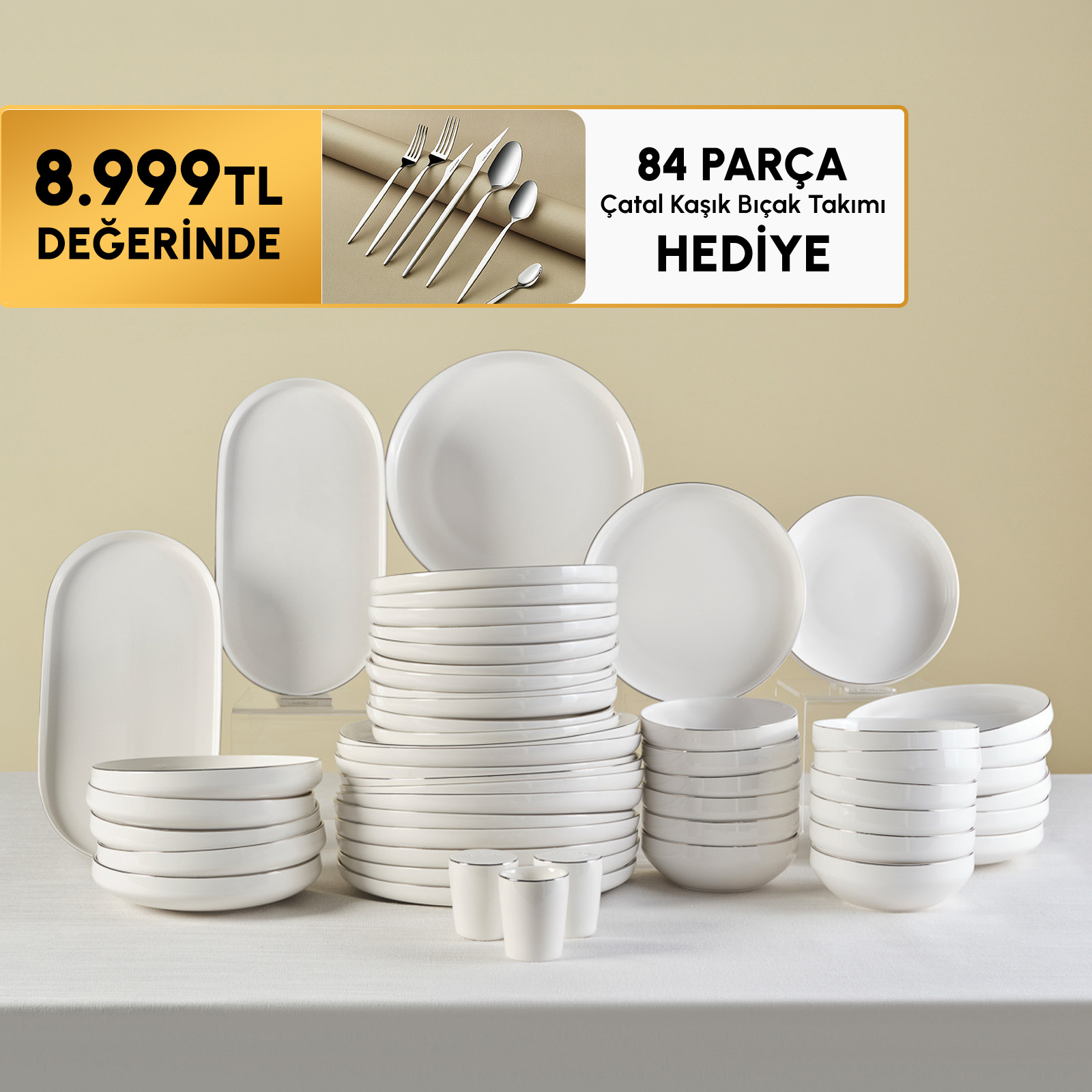 Karaca Stream Bone Saturn 53 Parça 12 Kişilik Yemek Takımı Platin