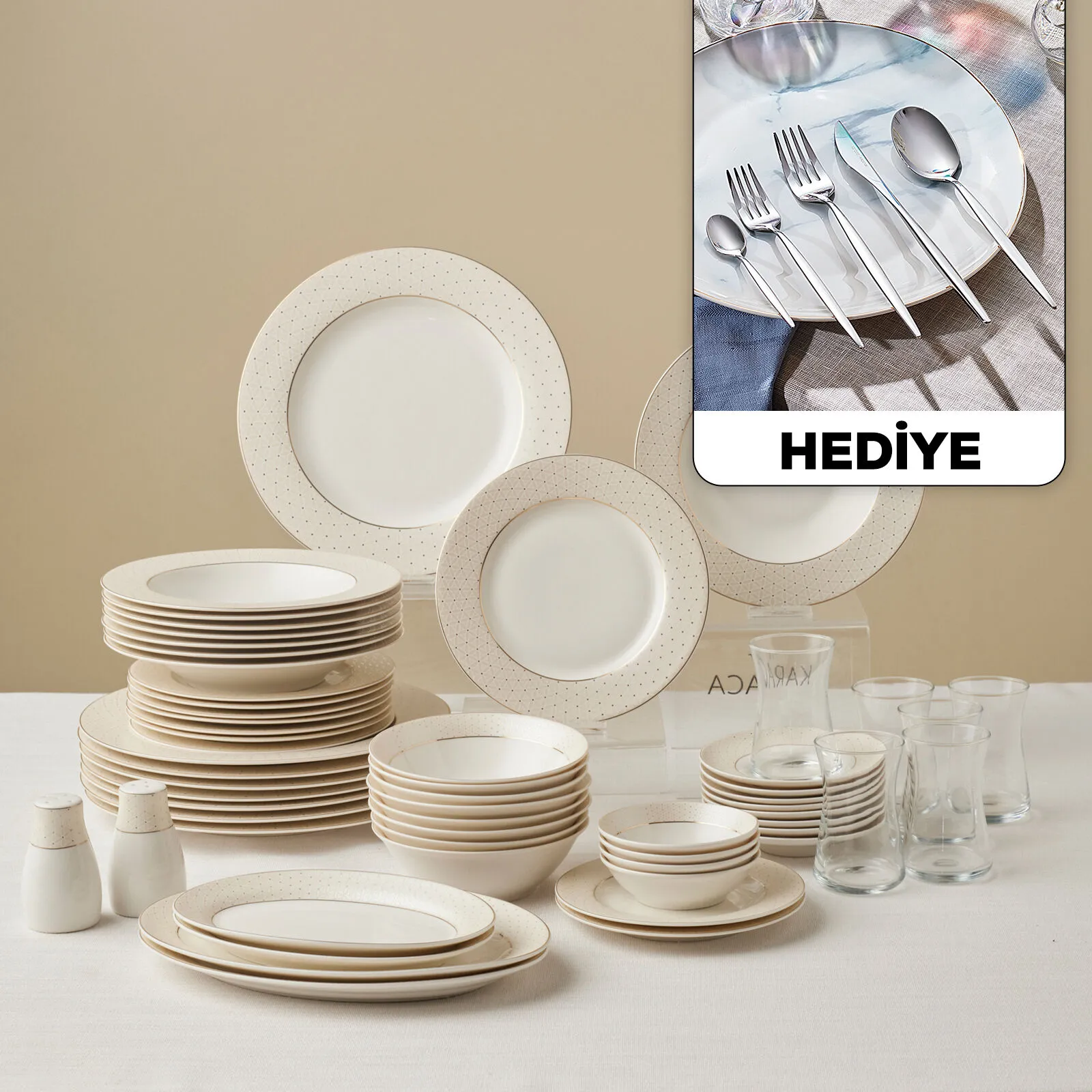 Karaca Elegance Bone Alessa 60 Parça 8 Kişilik Yemek Takımı ve Kahvaltı Seti