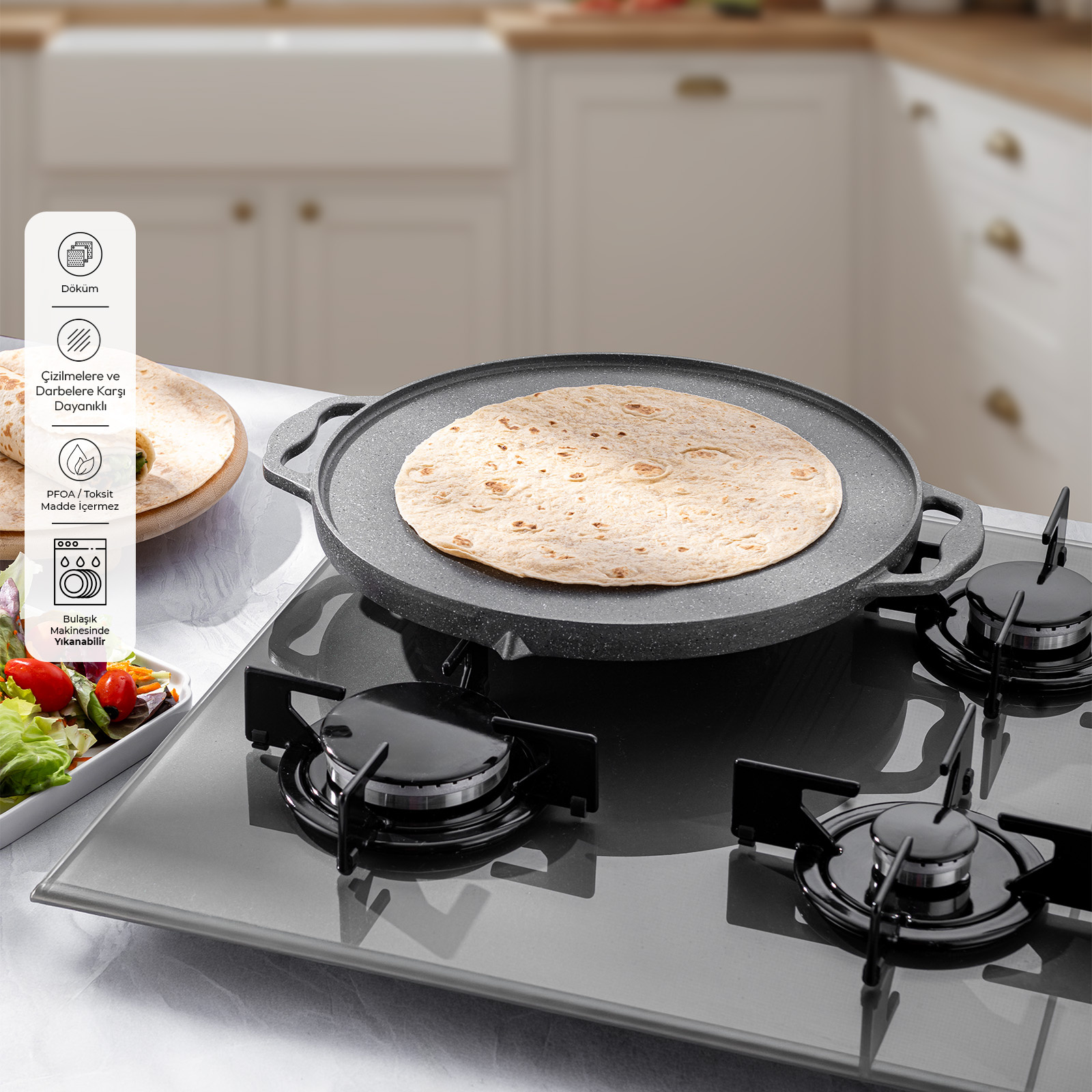 Emsan Stone Alüminyum Döküm Çift Taraflı Gözleme Tavası 34 cm Gri