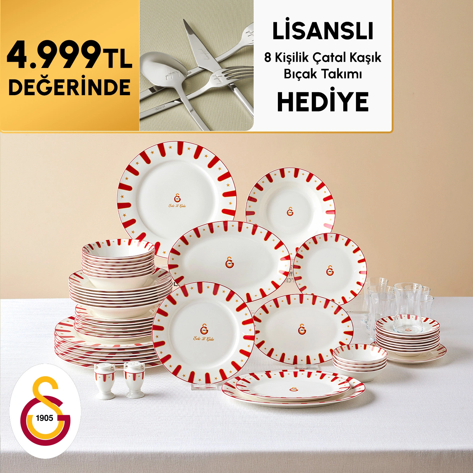 Karaca x Galatasaray Lisanslı Forever Bone 60 Parça 8 Kişilik Yemek Takımı Gold