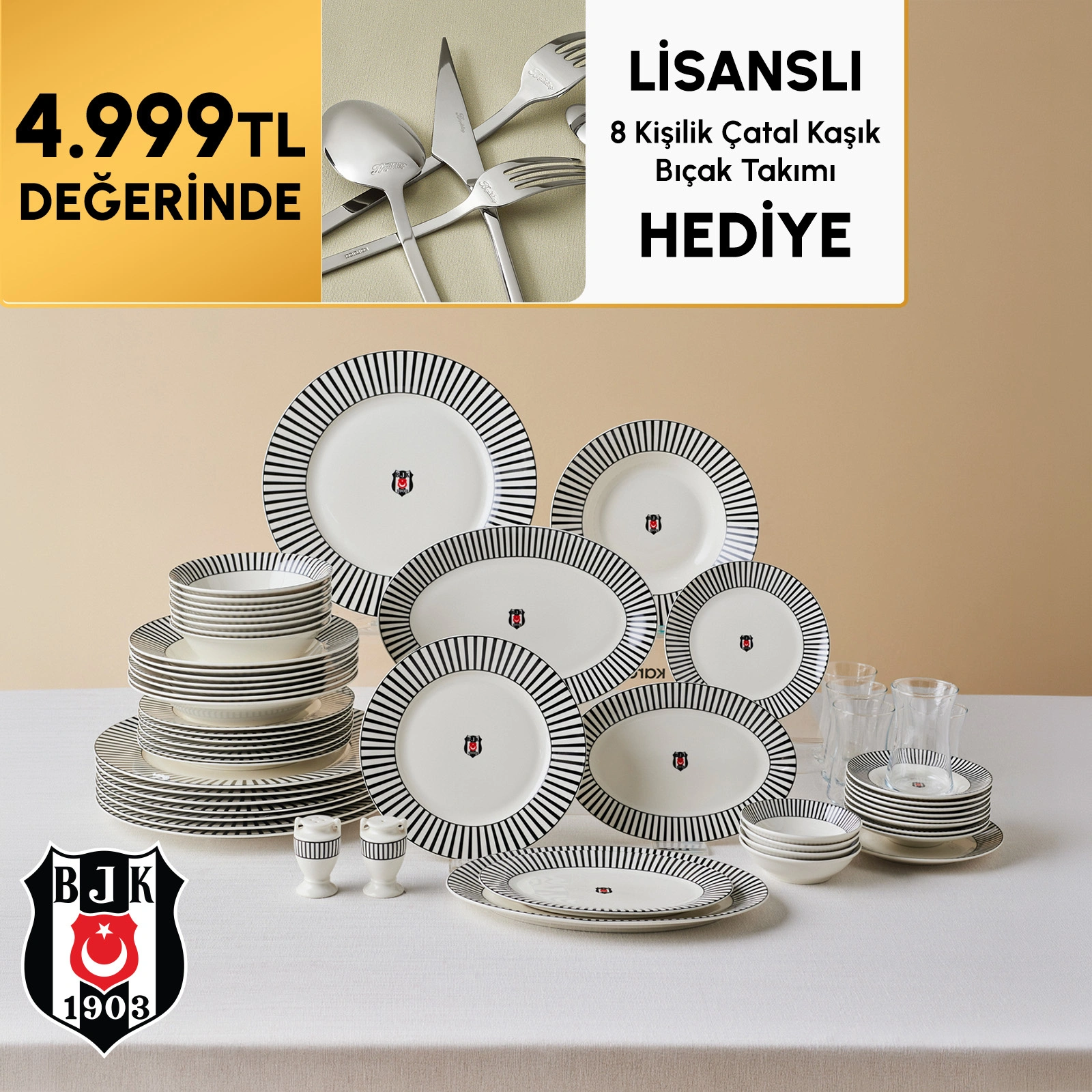 Karaca x Beşiktaş Lisanslı Forever Bone 60 Parça 8 Kişilik Yemek Takımı Platin