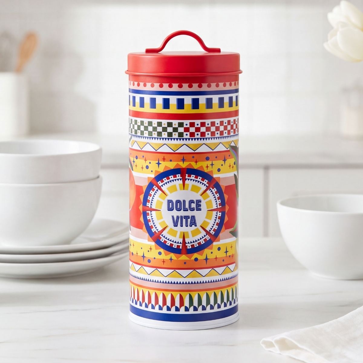 Baci Milano Dolce Vita Çark Desenli Paslanmaz Çelik Vakumlu Uzun Silindir Spaghetti Saklama Kutusu Ø 11 cm, H 29 cm