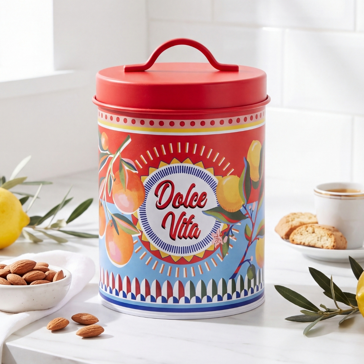 Baci Milano Dolce Vita Limon & Portakal Desenli Yeşil Pembe Paslanmaz Çelik Vakumlu Silindir Saklama Kutusu Ø 11 cm, H 18 cm