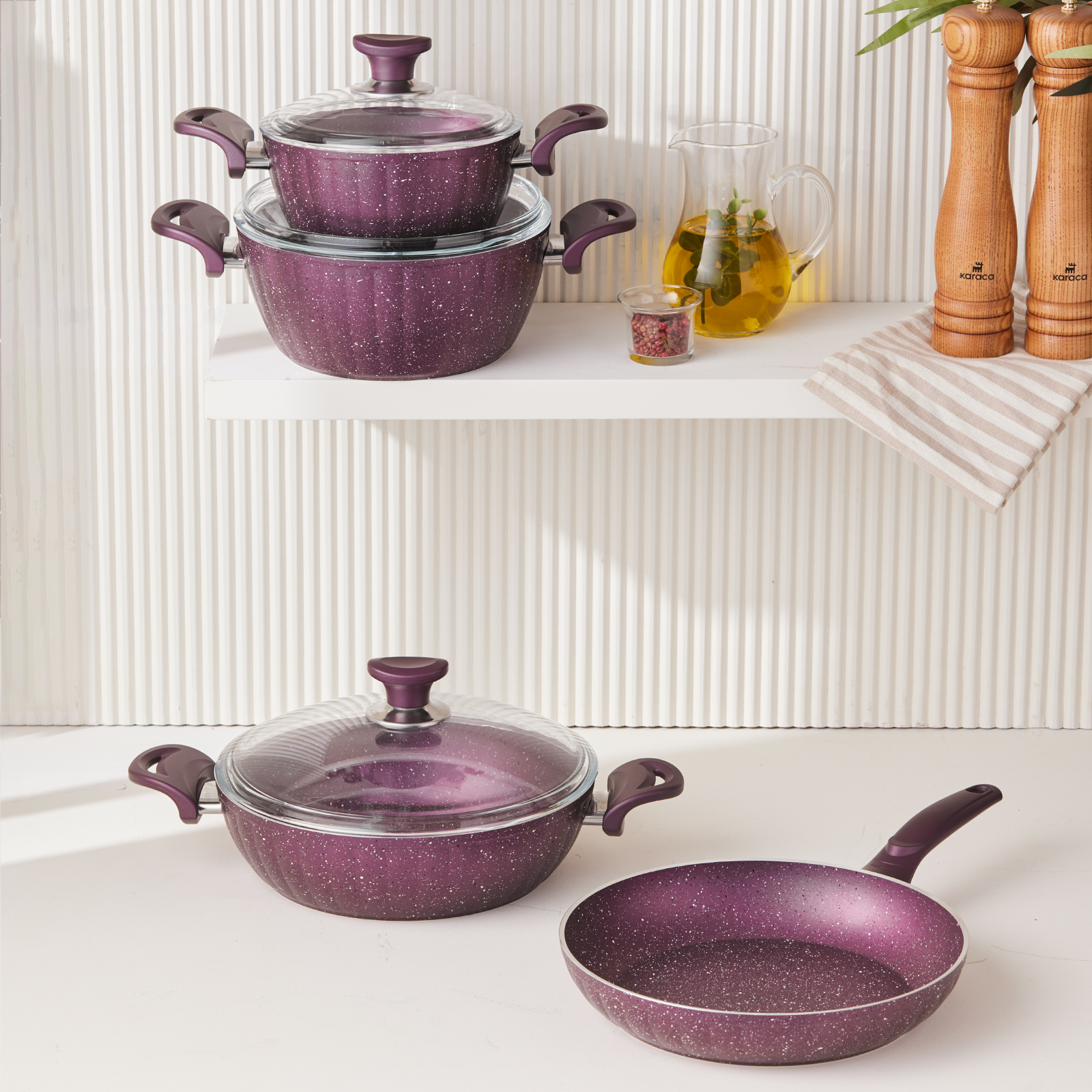Karaca Dream Biogranite Non-Stick Cookware Set, 7 Piece, Purple - KARACA UK