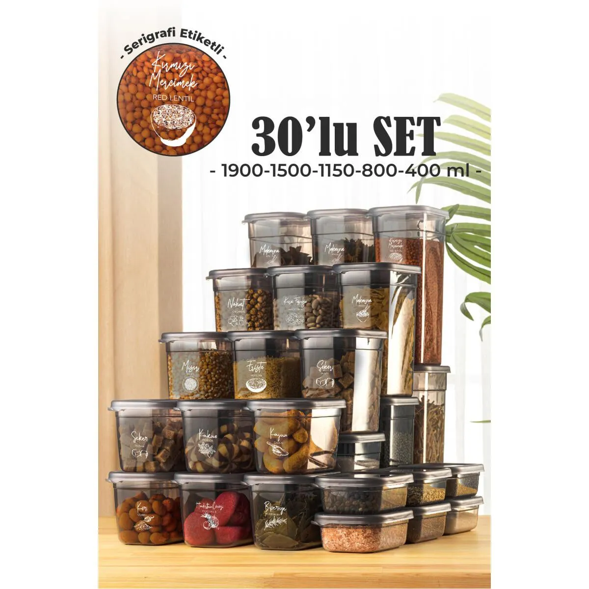 Vienev 30'lu Peggy Dikdörtgen Saklama Kutusu Seti 6x(1,9 1,5 1,15 0,8 0,4 Li̇tre) Serigrafi Etiketli