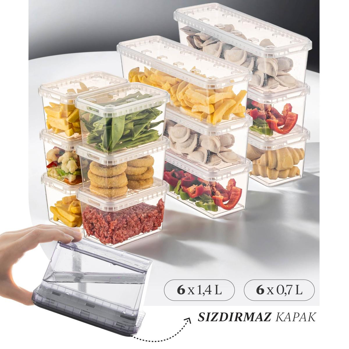 Vienev 12'li Block Buzdolabı Ve Derin Dondurucu Sızdırmaz Saklama Kabı Şeffaf 6x(1,4-0,7 Lt)