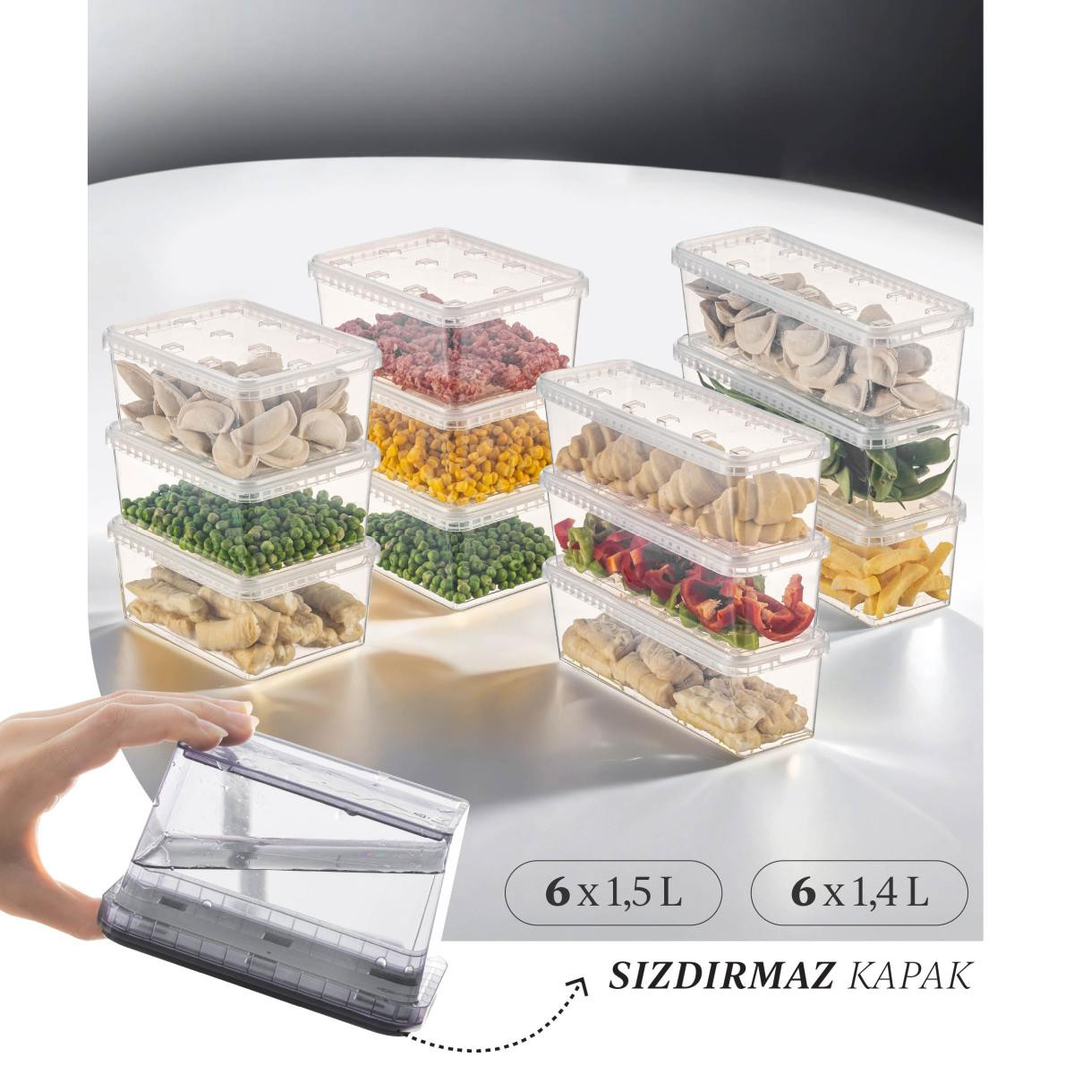 Vienev 12'li Block Buzdolabı Ve Derin Dondurucu Sızdırmaz Saklama Kabı Şeffaf 6x(1,5-1,4 Lt)