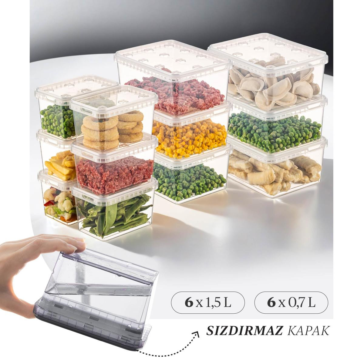 Vienev 12'li Block Buzdolabı Ve Derin Dondurucu Sızdırmaz Saklama Kabı Şeffaf 6x(1,5-0,7 Lt)