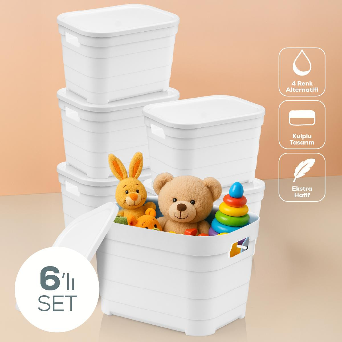 Vienev 6'lı Kapaklı 5 Litre Saklama Kutusu Beyaz