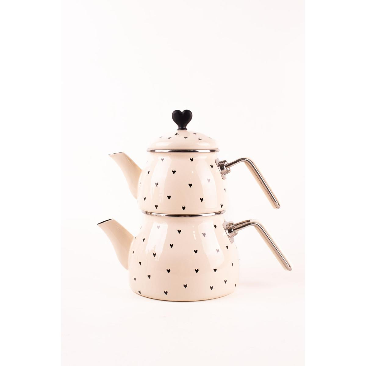 Emaylab Black Cupid Kalp Desenli Emaye Çaydanlık Takımı (özel Zamak Tepeli)