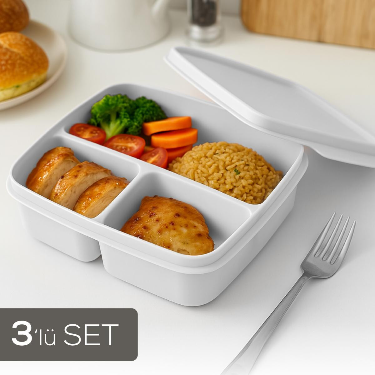 Vienev 3'lü Set Bölmeli Kare Saklama Kabı Gri