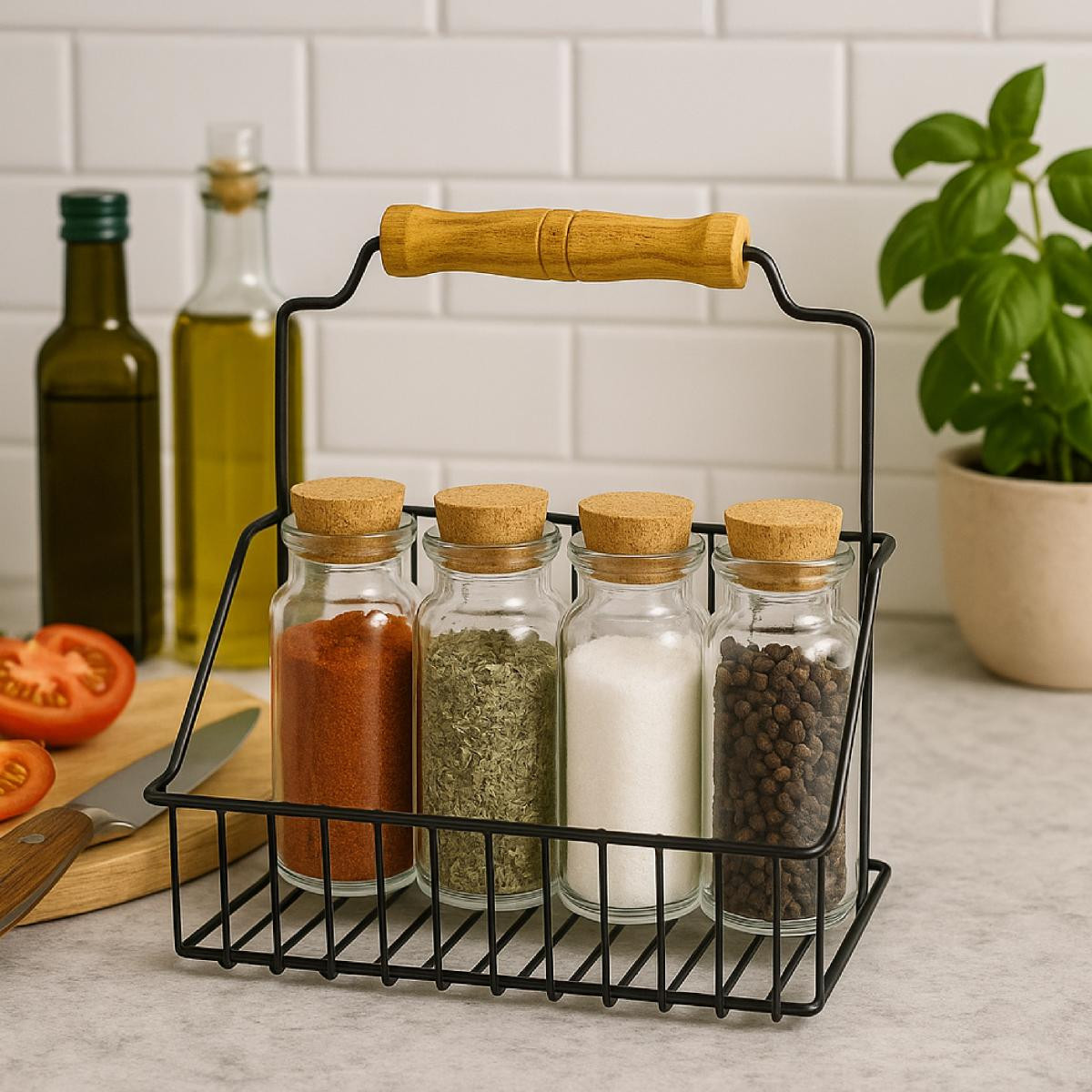 Vienev Ahşap Saplı Siyah Metal Tel Sepet – Çok Amaçlı Dekoratif Organizer