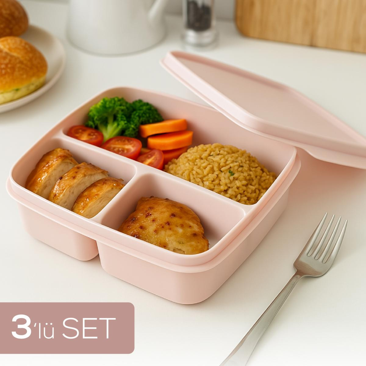 Vienev 3'lü Set Bölmeli Kare Saklama Kabı Pembe