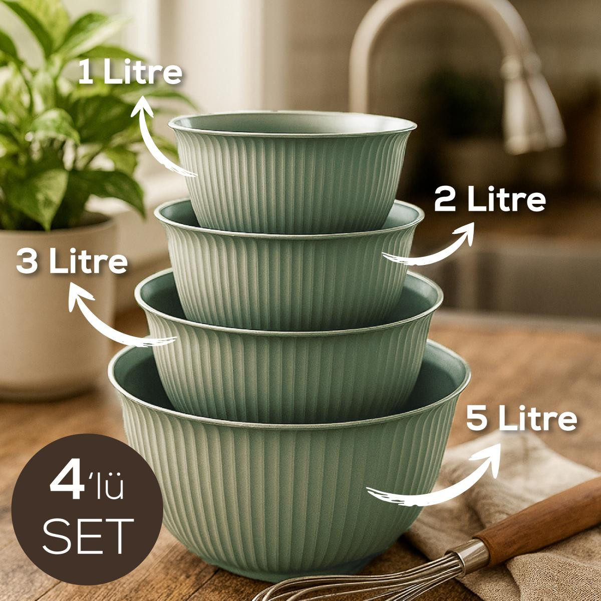 Vienev 4'lü Mega Boy Plastik Karıştırma Ve Saklama Kase Seti | 1l, 2l, 3l, 5l Yeşil