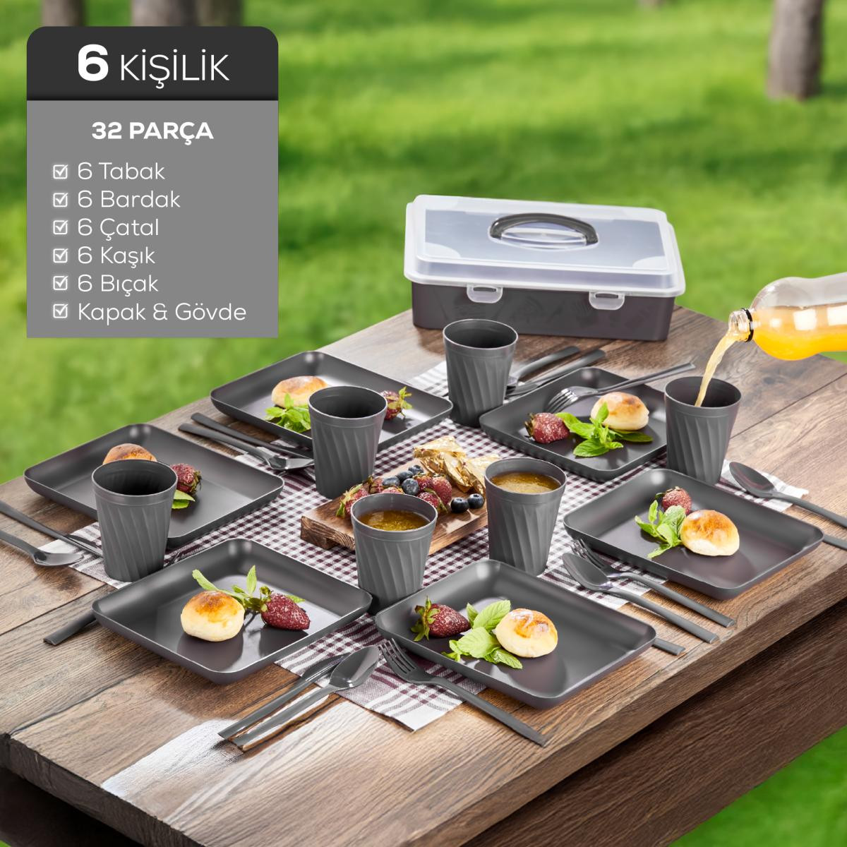 Vienev 32 Parça 6 Kişilik Taşınabilir Piknik Seti - Saklama Kutulu Antrasit