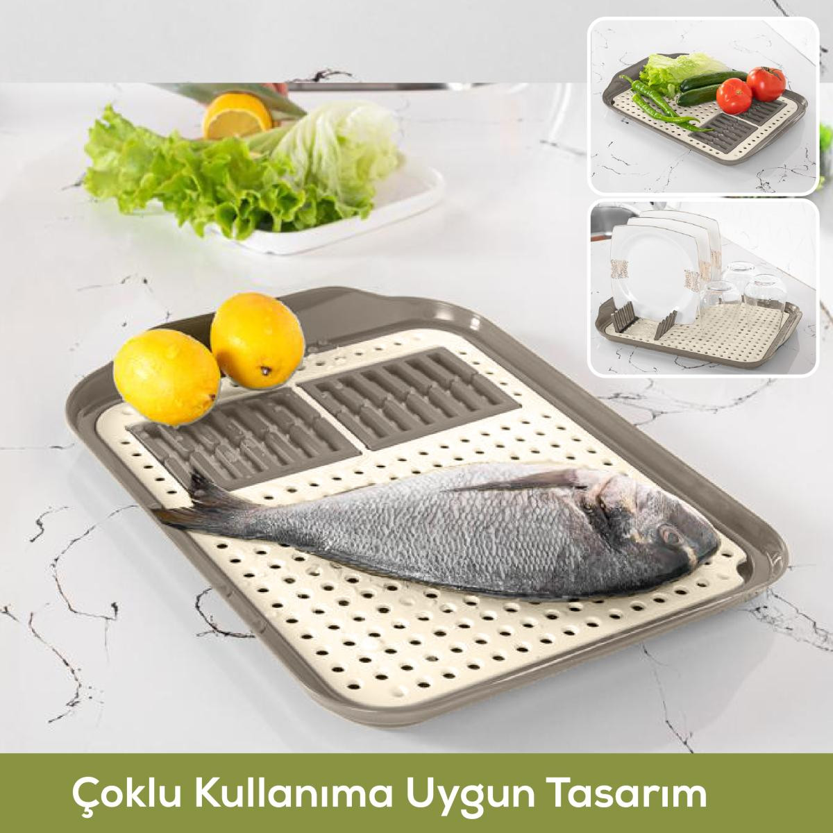 Vienev Çok Amaçlı Su Süzgeçli Kurutma Tepsisi | Sebze, Balık Ve Bulaşık İçin Pratik Kullanım Bej