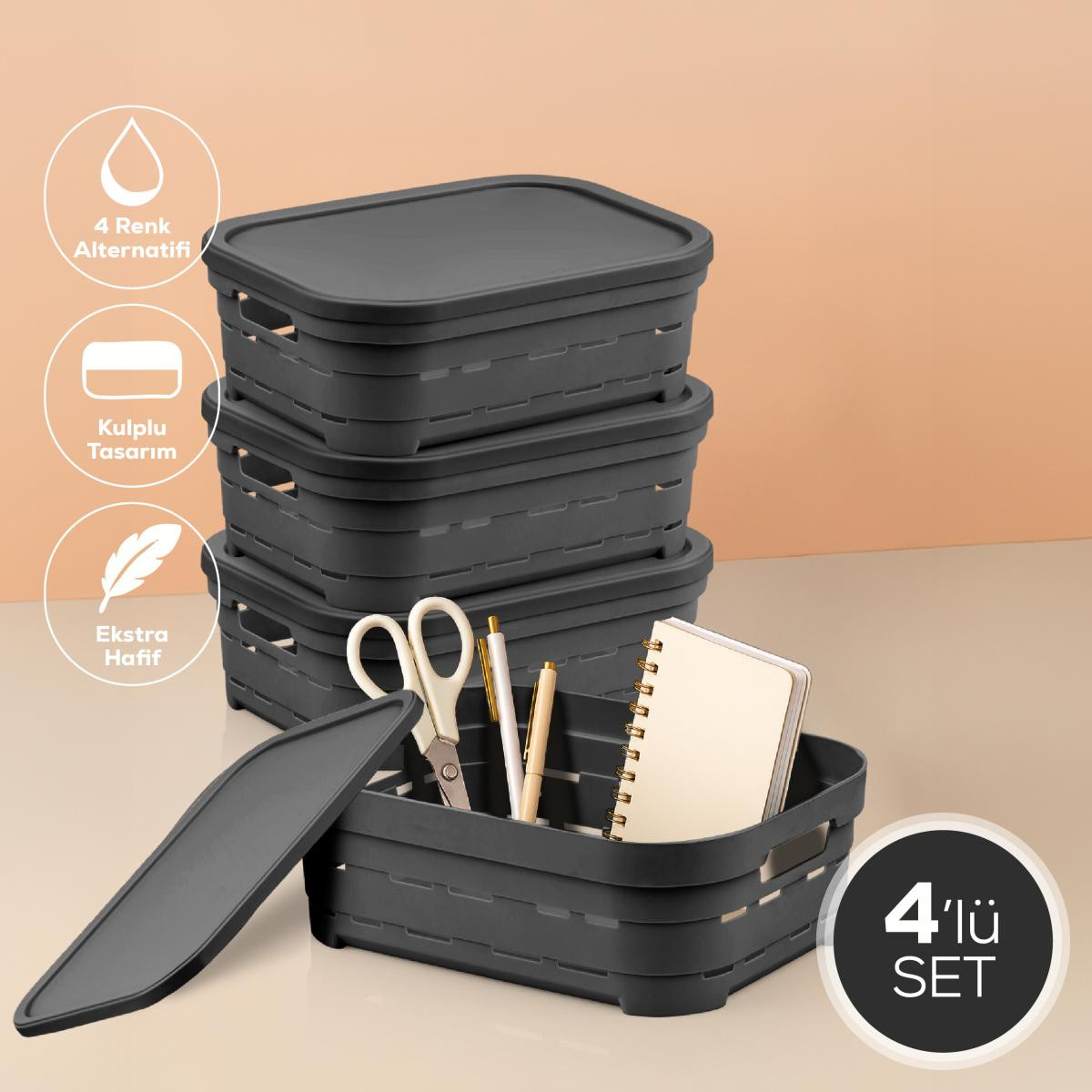 Vienev 4'lü Kapaklı 2,8 Litre Delikli Saklama Kutusu Antrasit