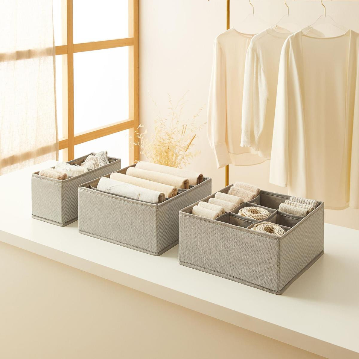 Ocean Home Textile 3'lü Bölmeli Gri Balıksırtı Çekmece İçi Düzenleyici Kutu Set