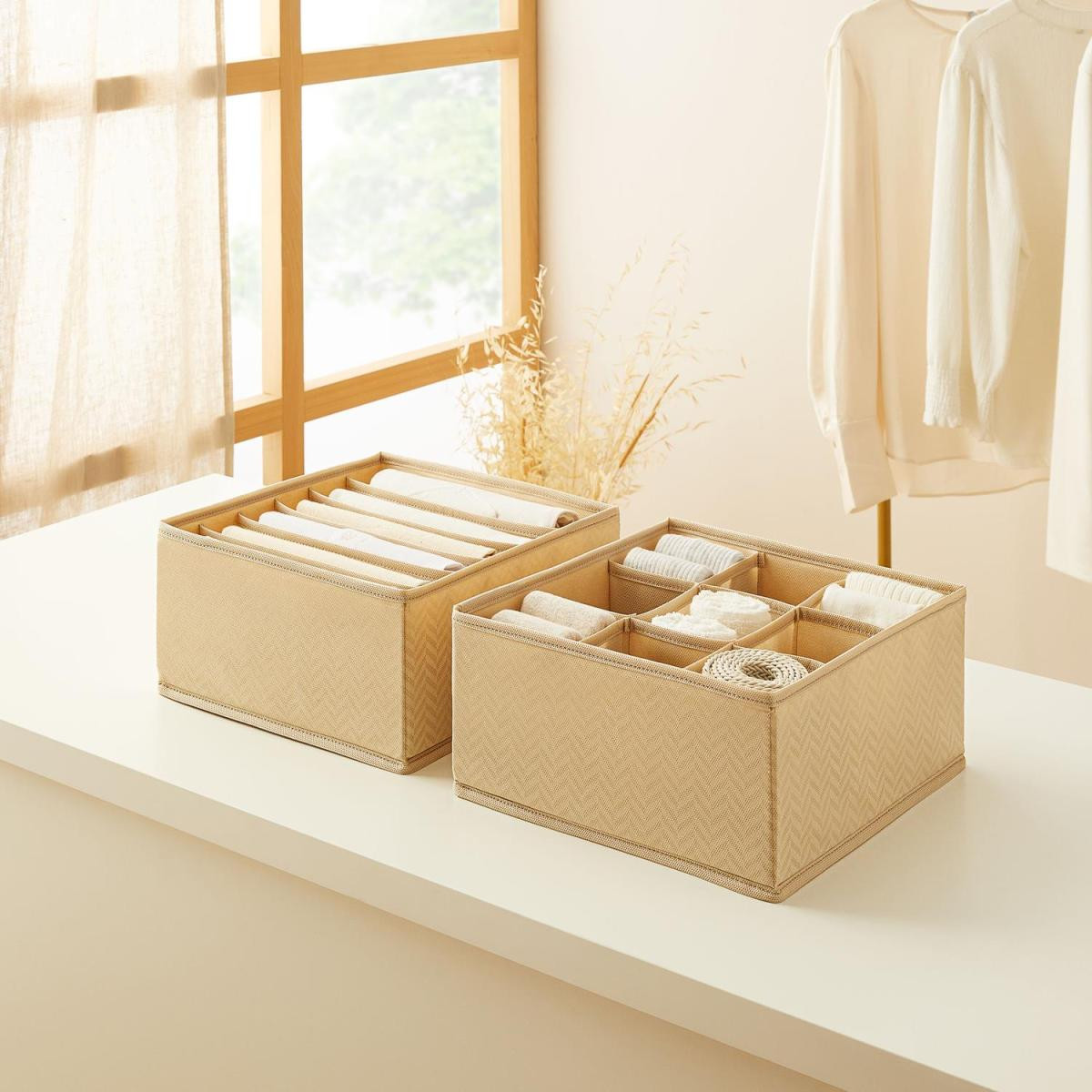 Ocean Home Textile 2'li Bölmeli Bej Balıksırtı Çekmece İçi Düzenleyici Kutu Set