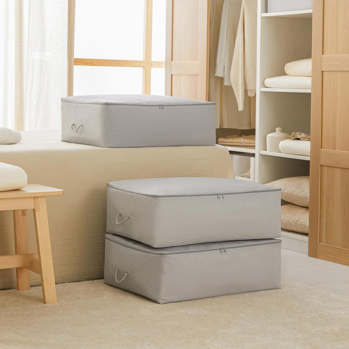 Ocean Home Textile 3'lü Büyük Boy Gri Balıksırtı Baza Altı Hurç Set 62 X 46 X 22 Cm