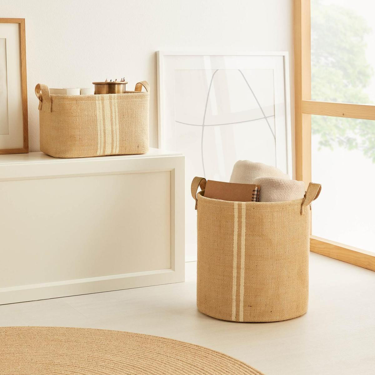 Ocean Home Textile 2'li Çizgili Jüt Sepet Set 1 Adet 30 X 31 / 1 Adet 30 X 21 X 18 Cm