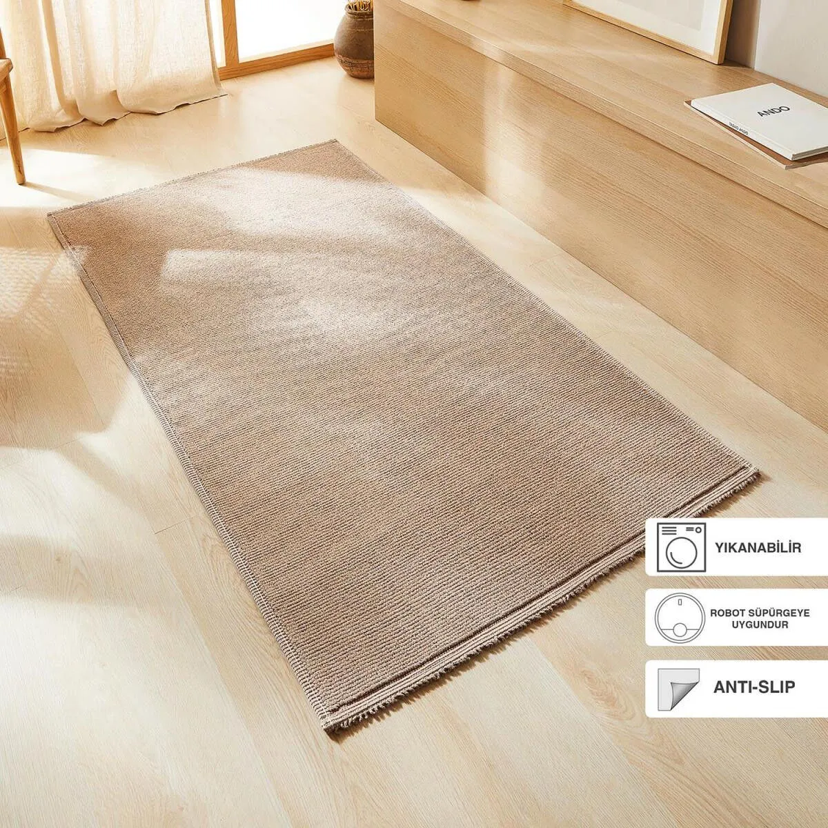 Ocean Home Textile Yıkanabilir Pamuklu Bej Renk Buklet Kilim 120 X 180 Cm