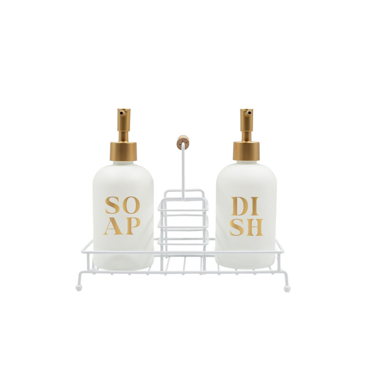 Rakle Stark Beyaz Metal Ahşap Kulplu Stand 2'li Sıvı Sabunluk Seti Beyaz 420 Cc