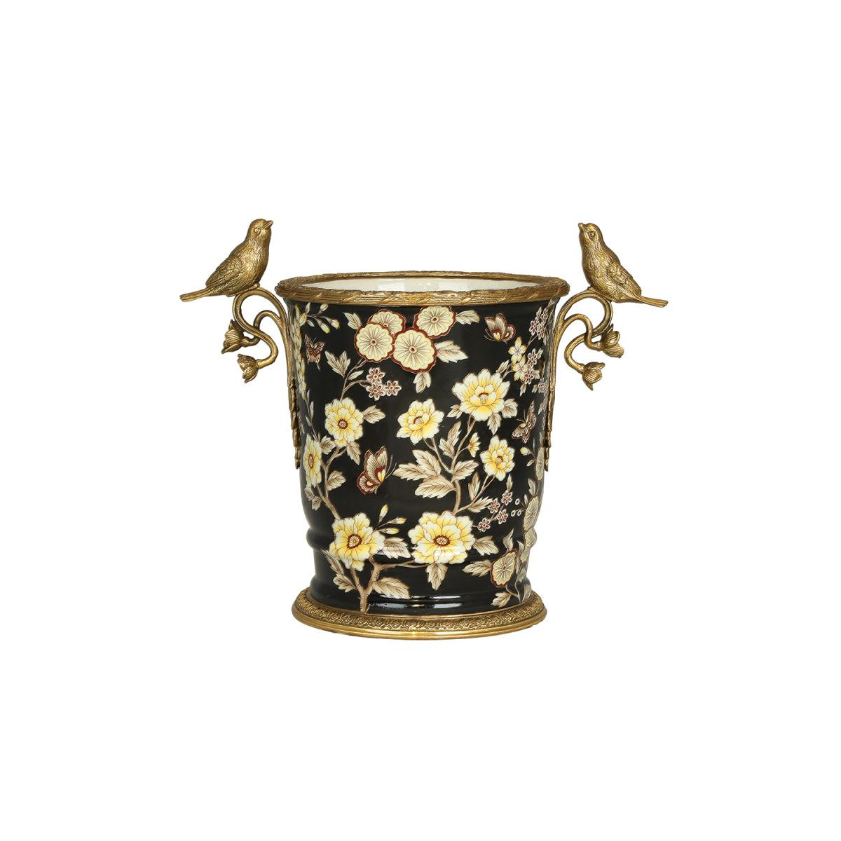 Lucky Art Siyah Cicekli Porselen Vazo 31 Cm