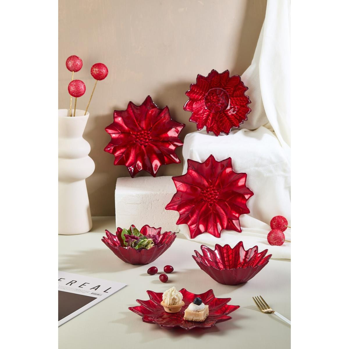 Lora Bianca Kırmızı Poinsettia Cam Tabak & Kase Seti - 3 Adet Tabak - 3 Adet Kase Kırmızı