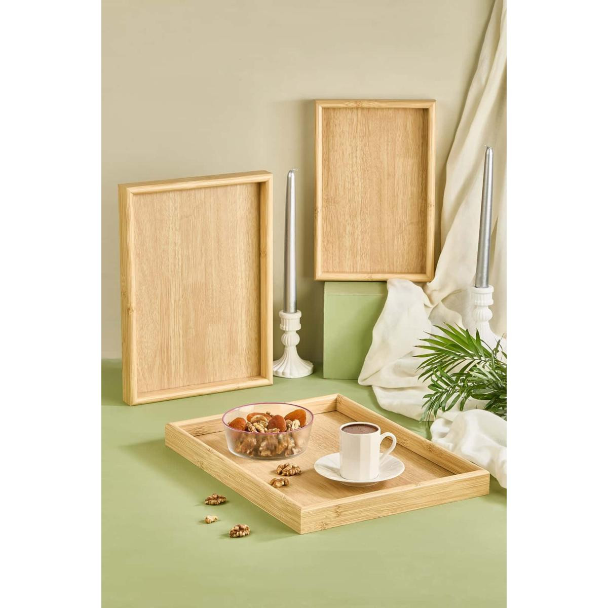 Lora Bianca 3' Lü Bambu Çay/kahve/sunum Tepsi Seti Krem