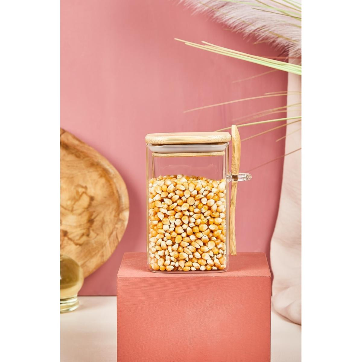 Lora Bianca Kapaklı Ve Kaşıklı Cam Kavanoz/saklama Kabı - 12 Cm Beyaz