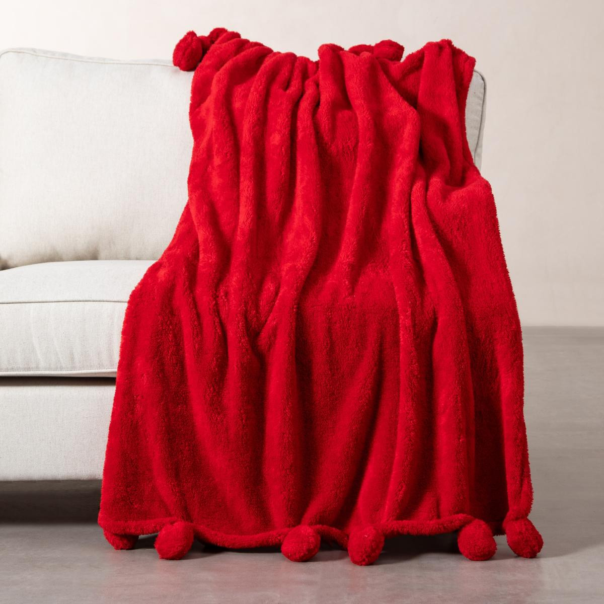 Mudo Home Ponponlu Di̇z Üstü Battani̇ye Kirmizi 130x160