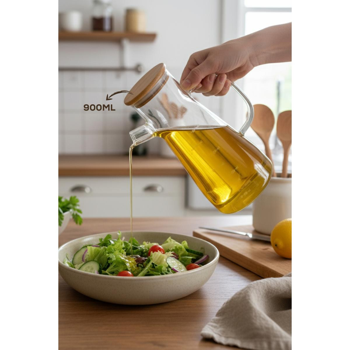 Vienev Ahşap Kapaklı Cam Yağdanlık 900 Ml