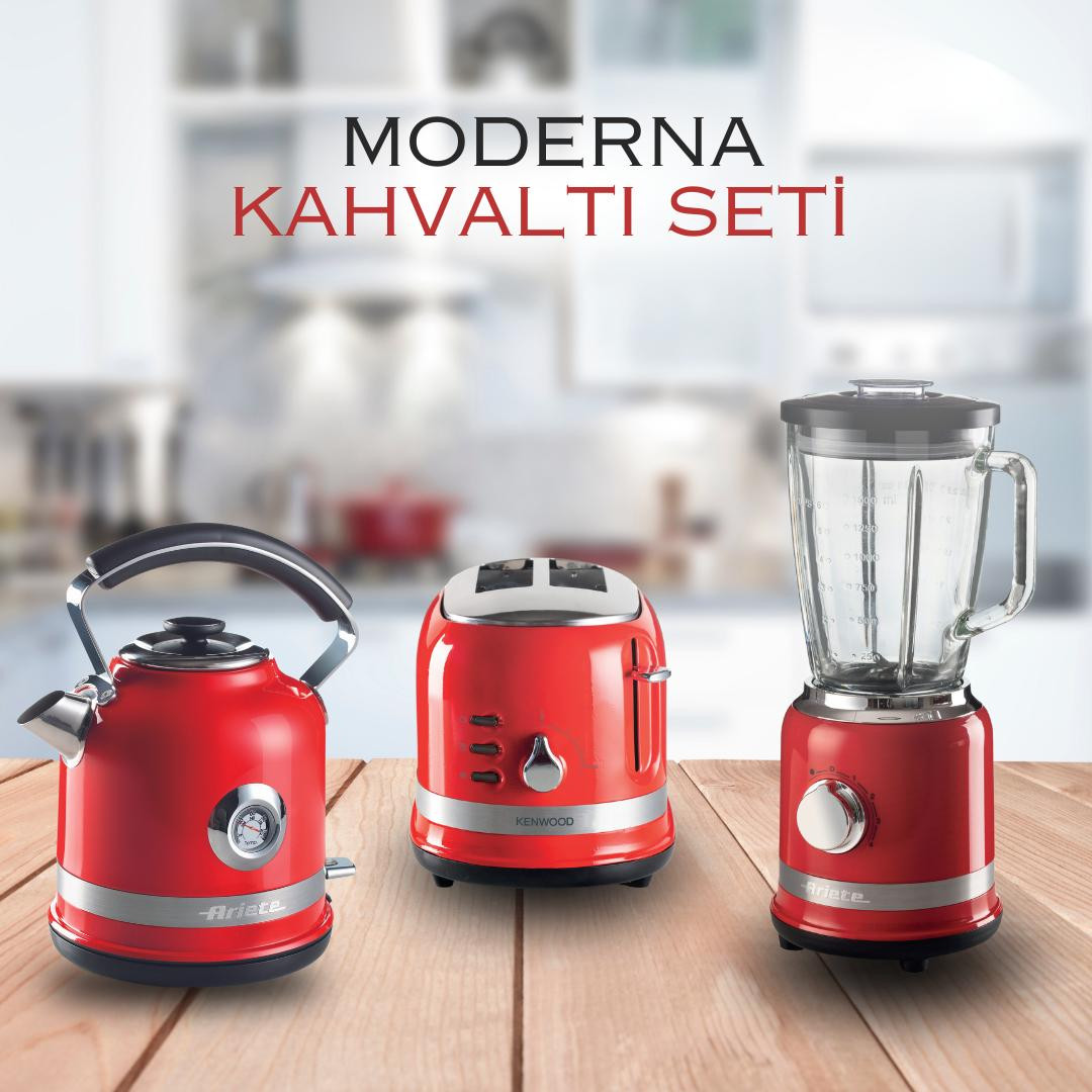 Ariete Moderna Kahvaltı Seti Su Isıtıcı Kettle + Smoothie Cam Blender + Ekmek Kızartma Makinesi Seti Kırmızı