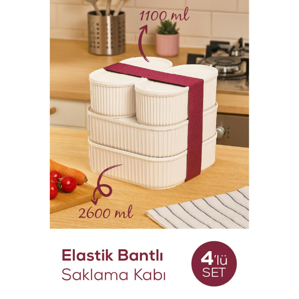 Vienev 4'lü Elastik Bantlı İstiflenebilir Pratik Saklama Kabı Seti 2x(1100 Ml) 2x(2600 Ml) Bej