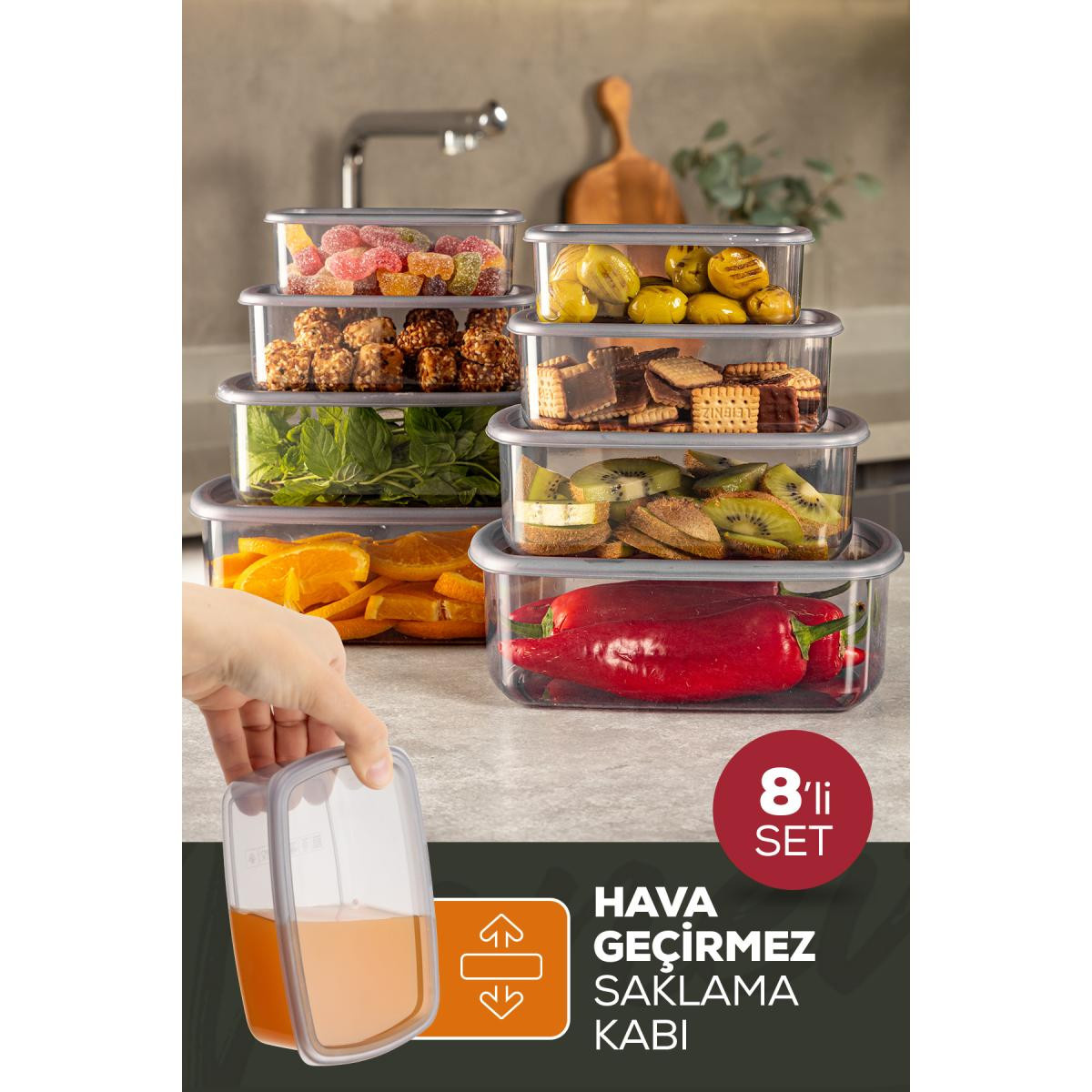 Vienev 8'li Hava Geçirmez Saklama Kabı Seti Antrasit 2x(250-500-750-1200 Ml)