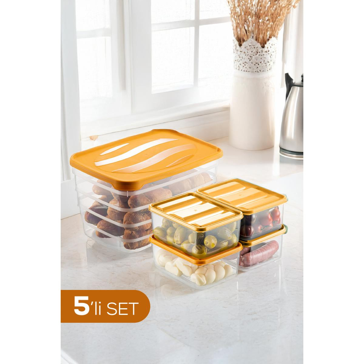 Vienev 5'li Set Dondurucu Ve Mikrodalgaya Uygun Buzdolabı Düzenleyici 1x(5 Litre) 4x(775 Ml) Turuncu