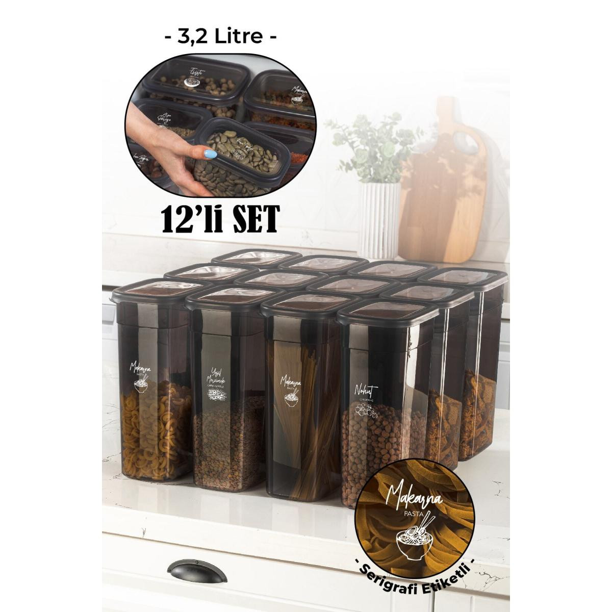 Vienev Beyaz Serigrafi Etiketli 12li Set Peggy Şeffaf Kapaklı Uzun Dikdörtgen Saklama Kabı 3,2 Litre