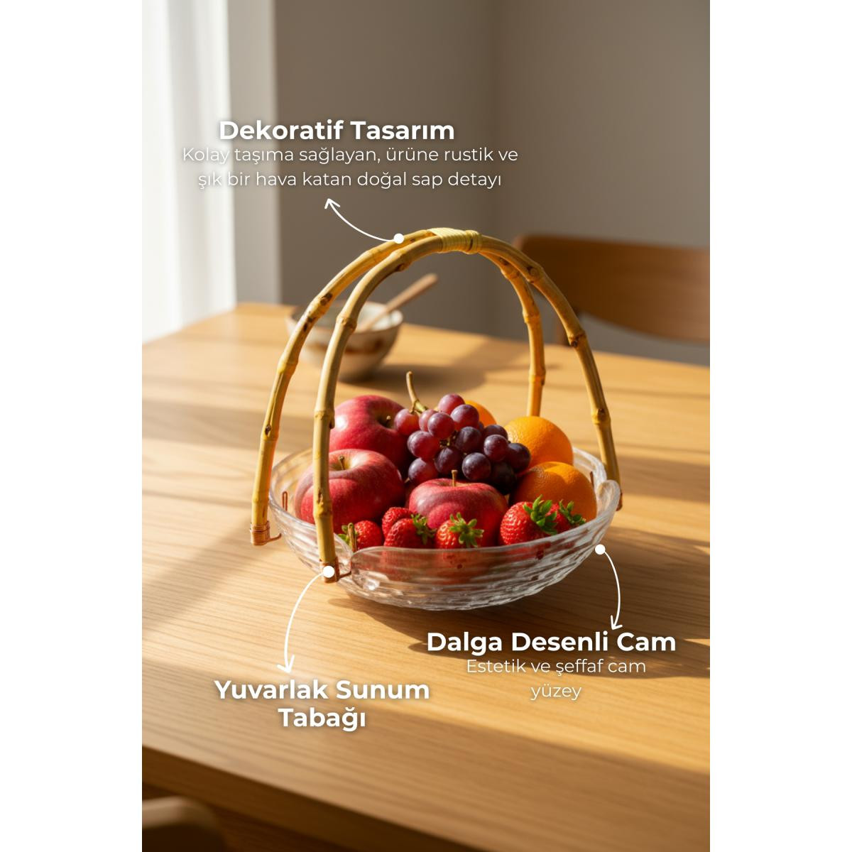 Bambum Cestino Bambu Kulplu Cam Yuvarlak Sunum Tabağı Dalgalı Desen