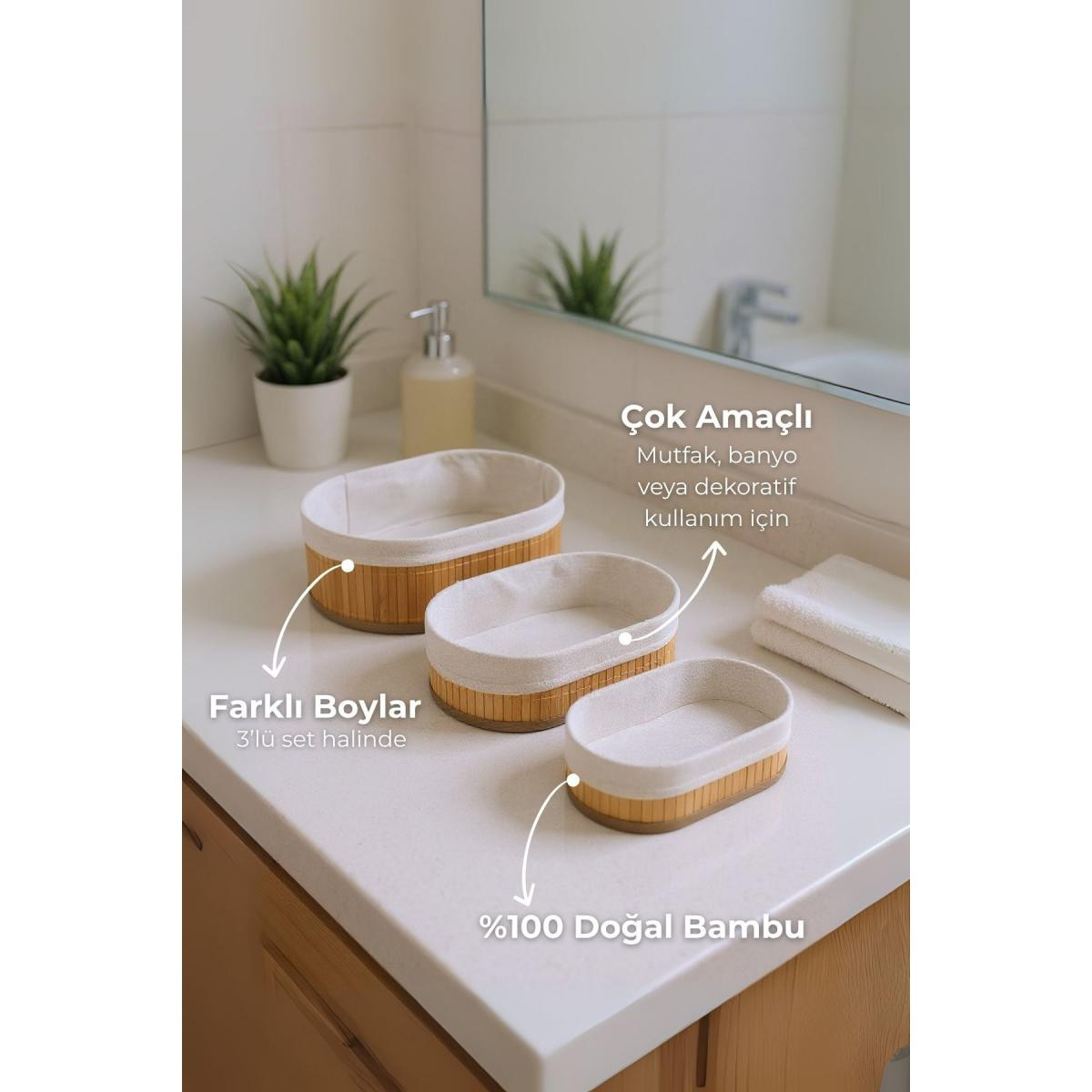 Bambum Linen 3'lü Sepet Seti Oval