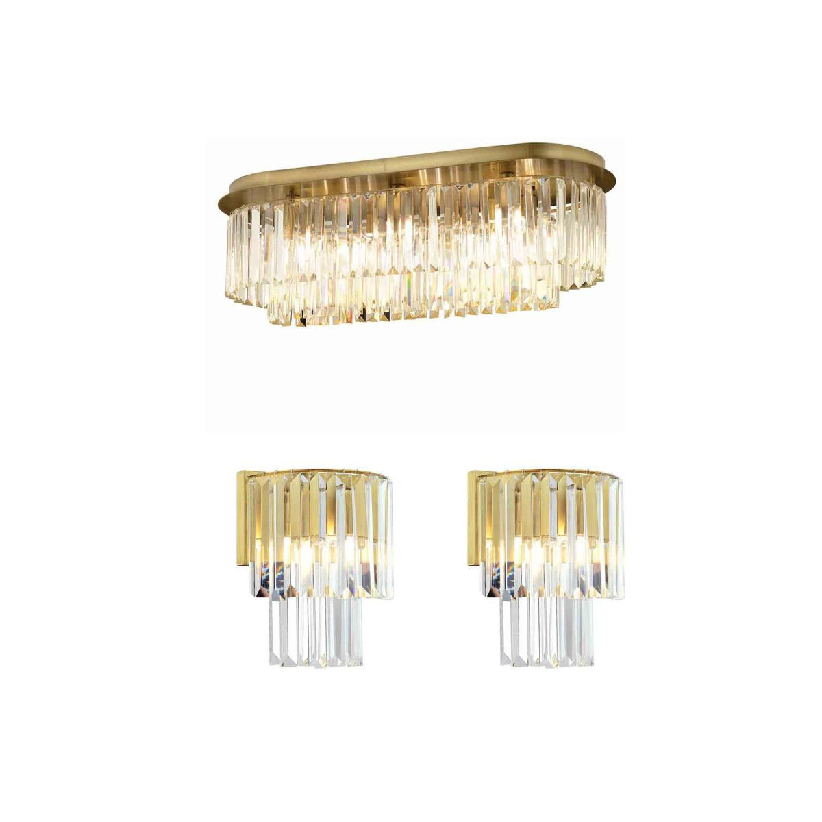 Apliqa Nilüfer Dikdörtgen Eskitme 3 Parça Kristalli Taşlı Modern Tasarım Kristal Salon Avize-aplik Seti