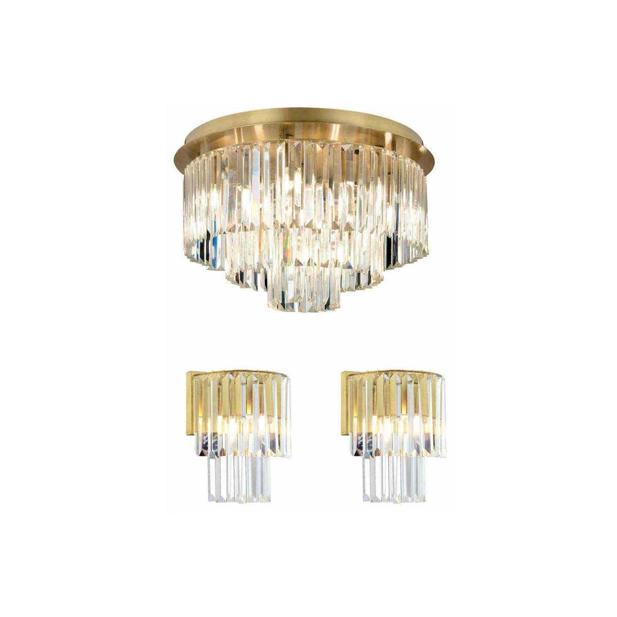 Apliqa Nilüfer Yuvarlak Eskitme 3 Parça Kristalli Taşlı Modern Tasarım Kristal Salon Avize-aplik Seti