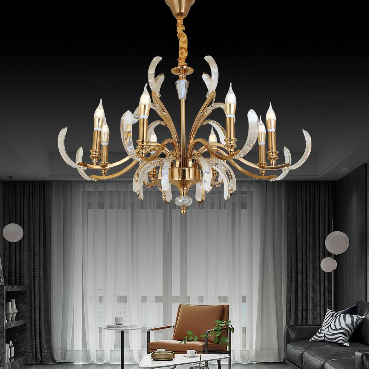 Apliqa Ronja 8'li Bakır Eskitme Kristal Taşlı Avangart Salon Avize