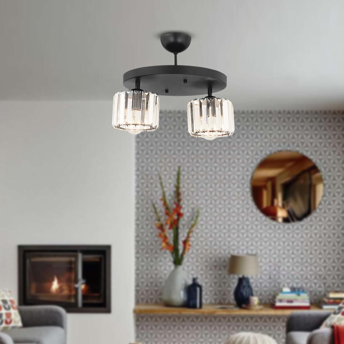 Apliqa Sabrina 2li Siyah Kristalli Taşlı Modern Tasarım Kristal Salon Plafonyer Avize