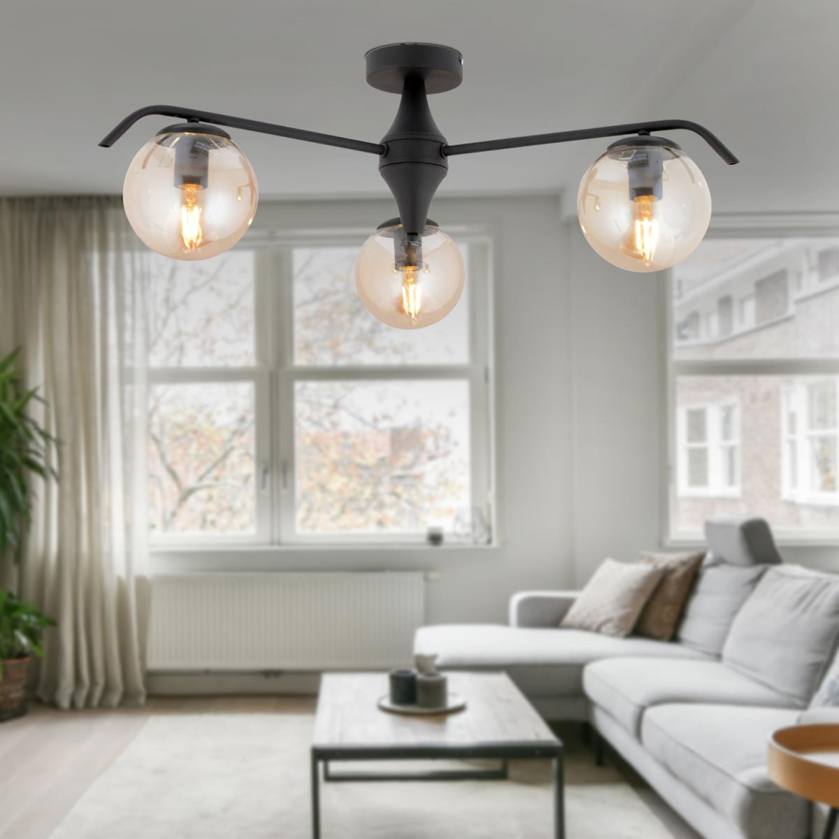 Apliqa Diaspor 3'lü Yuvarlak Siyah Bal Camlı Modern Plafonyer Genç Odası Yatak Odası Retro Salon Avize