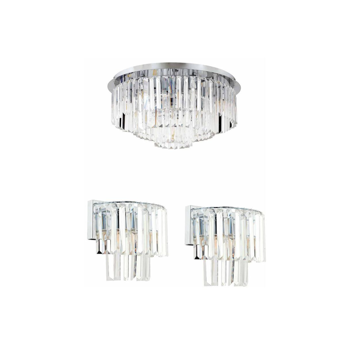 Apliqa Nilüfer Yuvarlak Krom 3 Parça Kristalli Taşlı Modern Tasarım Kristal Salon Avize-aplik Seti